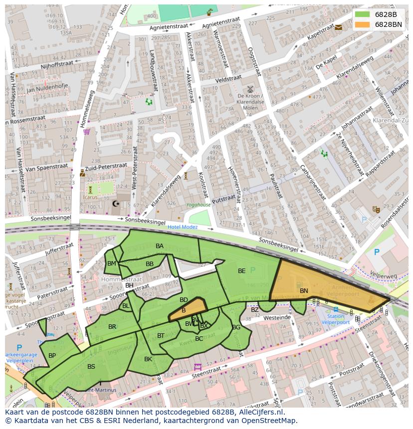 Afbeelding van het postcodegebied 6828 BN op de kaart.