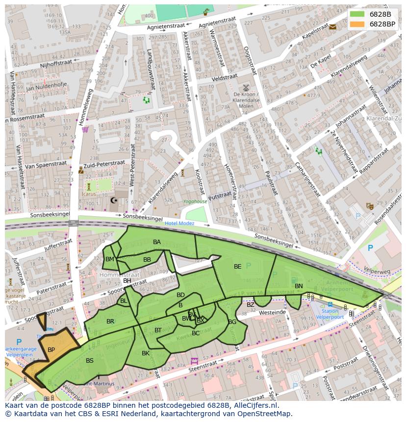Afbeelding van het postcodegebied 6828 BP op de kaart.