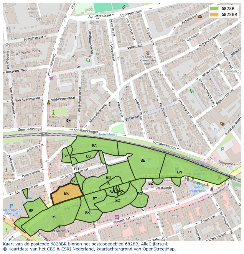 Afbeelding van het postcodegebied 6828 BR op de kaart.