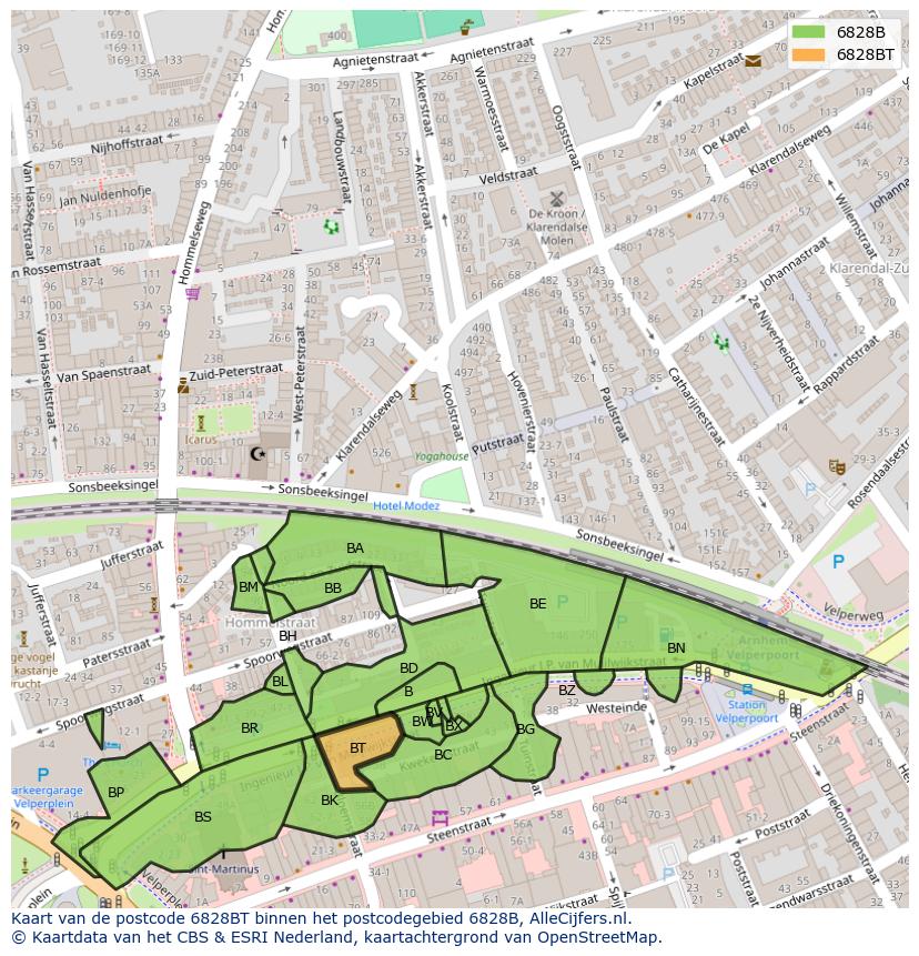 Afbeelding van het postcodegebied 6828 BT op de kaart.