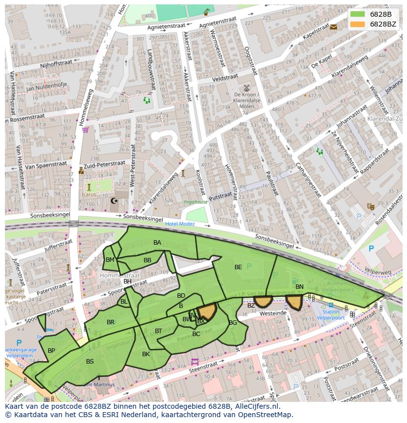 Afbeelding van het postcodegebied 6828 BZ op de kaart.