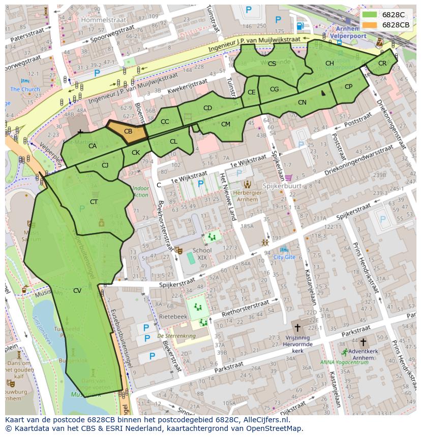 Afbeelding van het postcodegebied 6828 CB op de kaart.