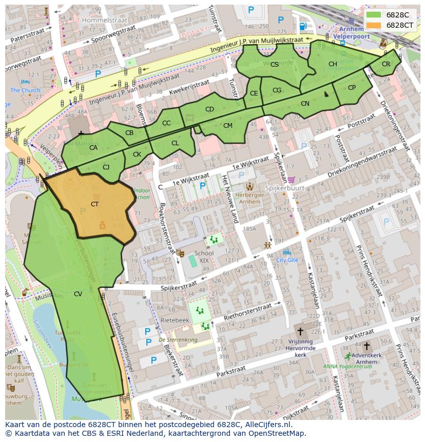 Afbeelding van het postcodegebied 6828 CT op de kaart.