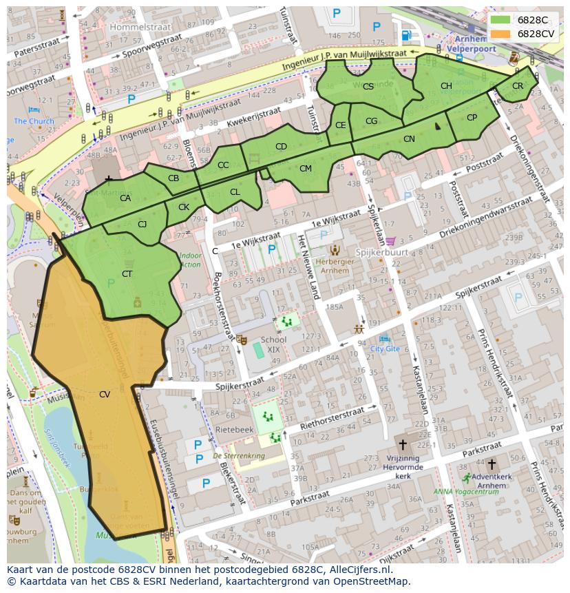 Afbeelding van het postcodegebied 6828 CV op de kaart.
