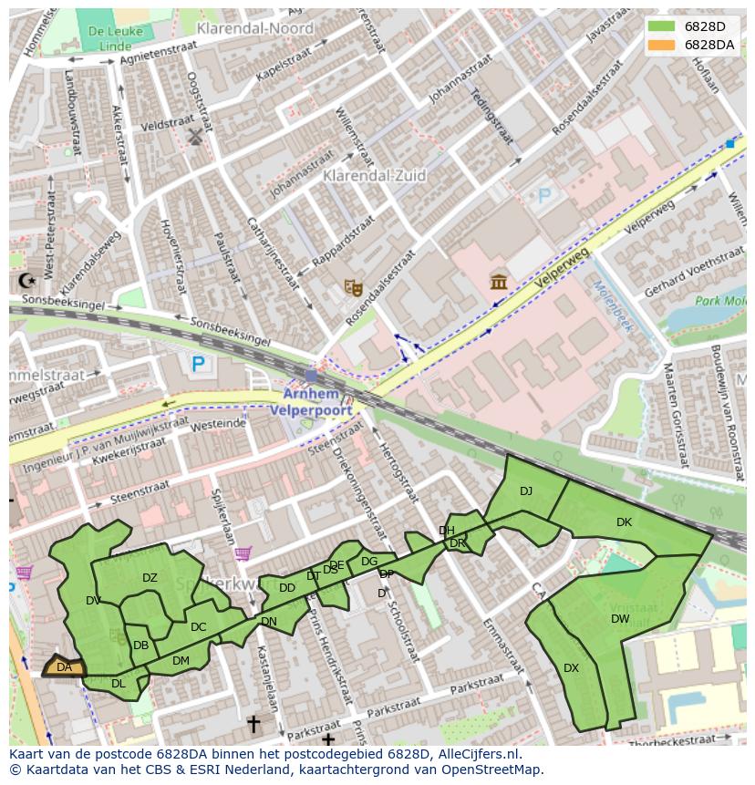 Afbeelding van het postcodegebied 6828 DA op de kaart.