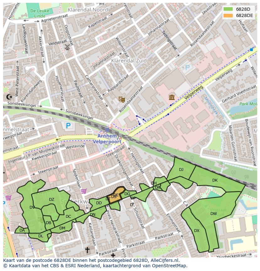 Afbeelding van het postcodegebied 6828 DE op de kaart.