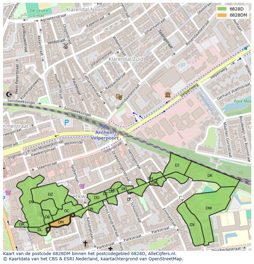 Afbeelding van het postcodegebied 6828 DM op de kaart.