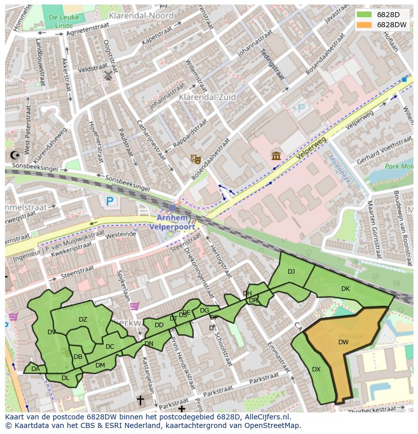 Afbeelding van het postcodegebied 6828 DW op de kaart.