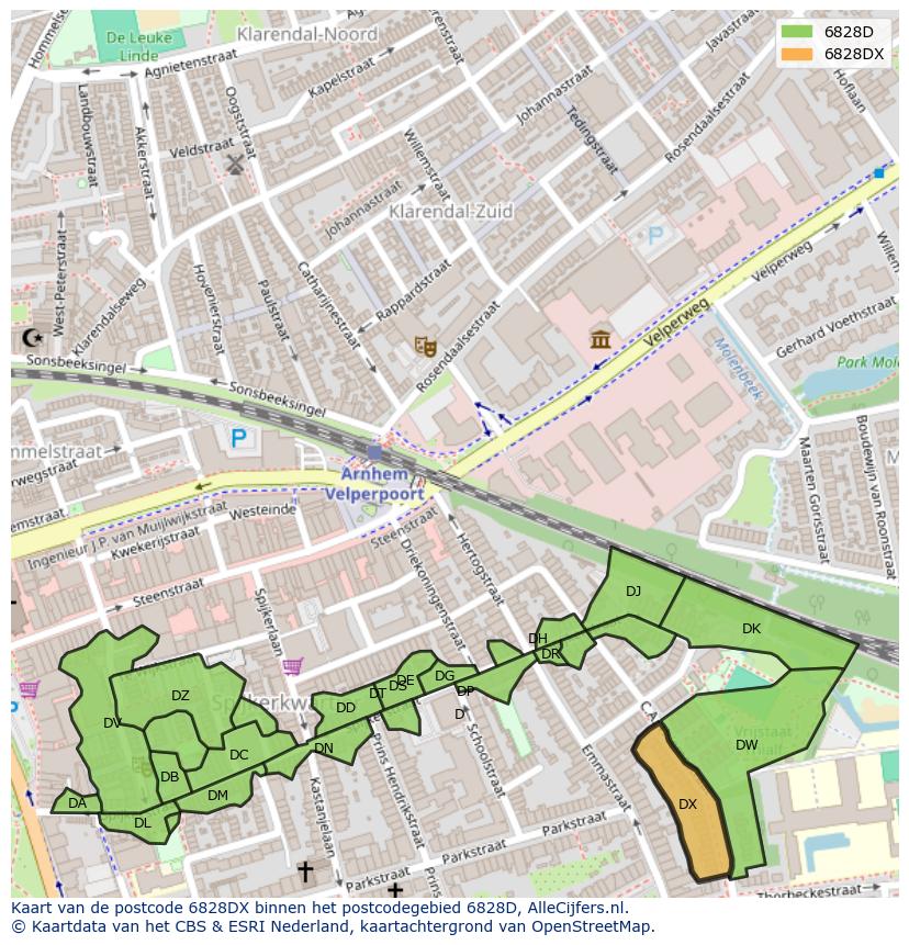 Afbeelding van het postcodegebied 6828 DX op de kaart.