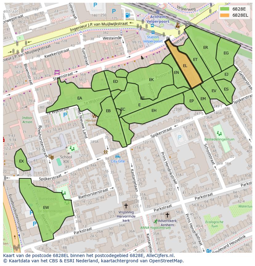 Afbeelding van het postcodegebied 6828 EL op de kaart.