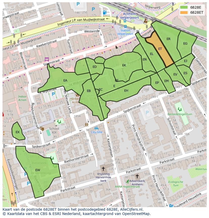 Afbeelding van het postcodegebied 6828 ET op de kaart.