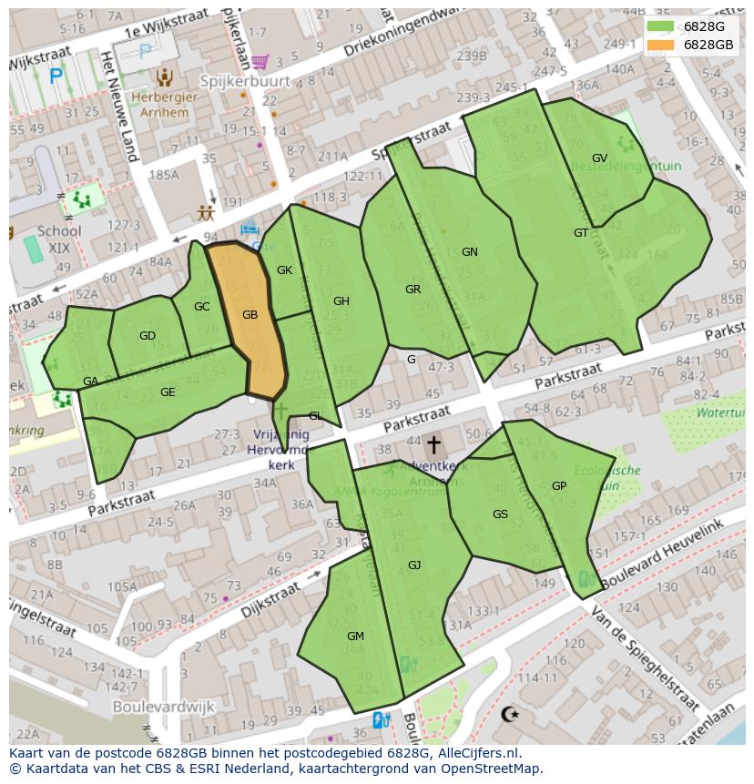 Afbeelding van het postcodegebied 6828 GB op de kaart.