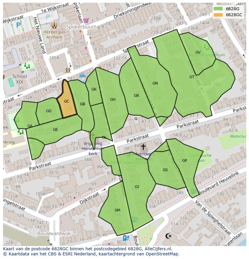 Afbeelding van het postcodegebied 6828 GC op de kaart.