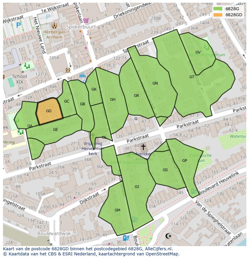 Afbeelding van het postcodegebied 6828 GD op de kaart.