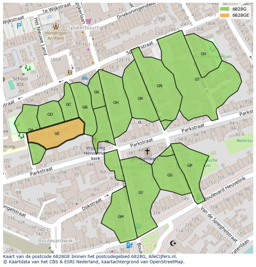Afbeelding van het postcodegebied 6828 GE op de kaart.