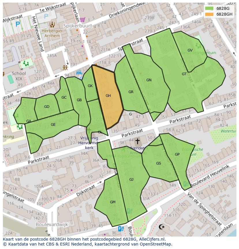 Afbeelding van het postcodegebied 6828 GH op de kaart.