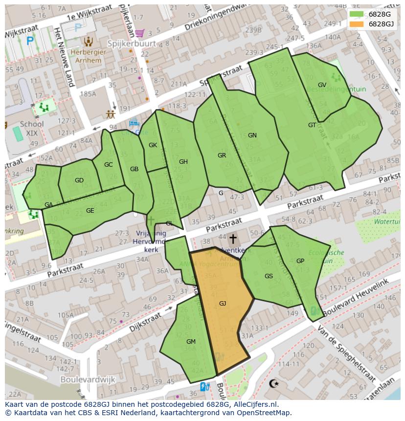 Afbeelding van het postcodegebied 6828 GJ op de kaart.