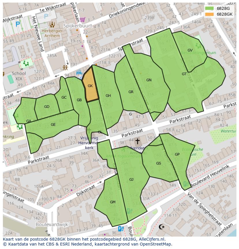 Afbeelding van het postcodegebied 6828 GK op de kaart.