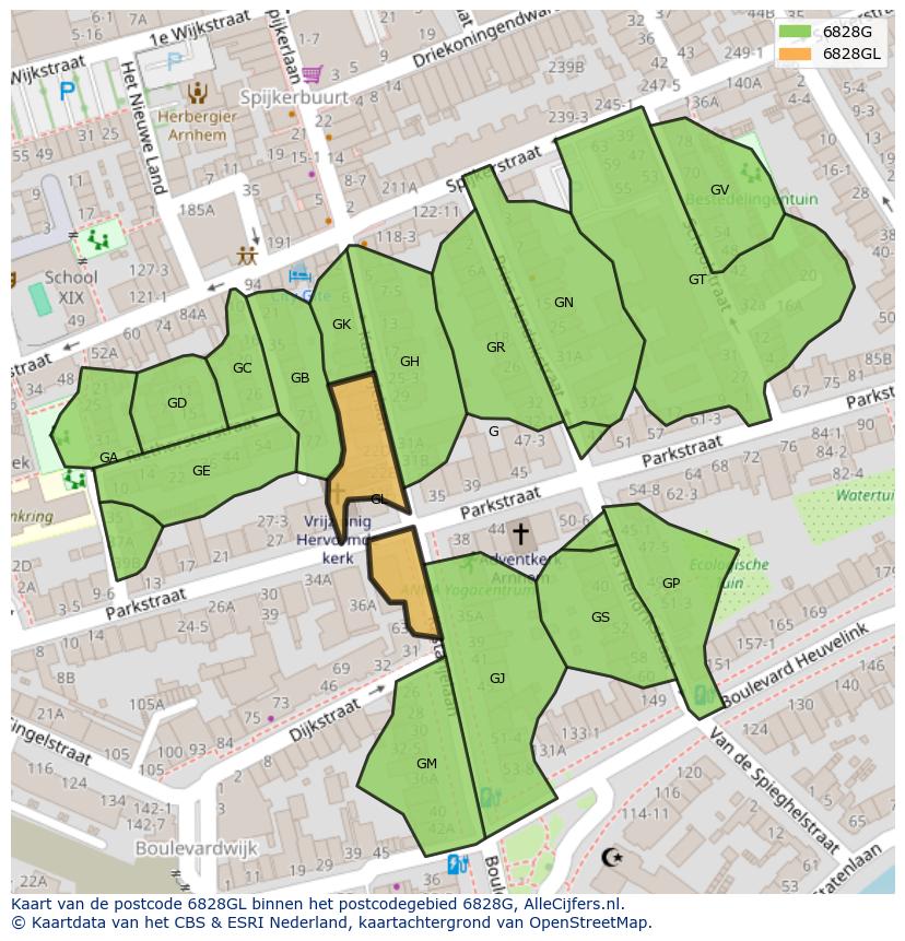 Afbeelding van het postcodegebied 6828 GL op de kaart.