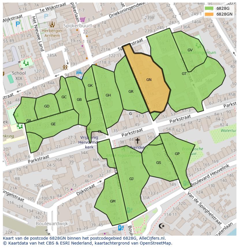 Afbeelding van het postcodegebied 6828 GN op de kaart.