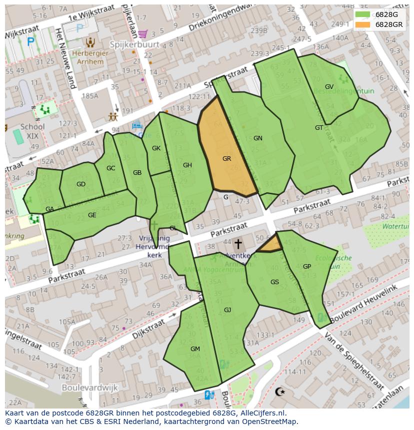 Afbeelding van het postcodegebied 6828 GR op de kaart.