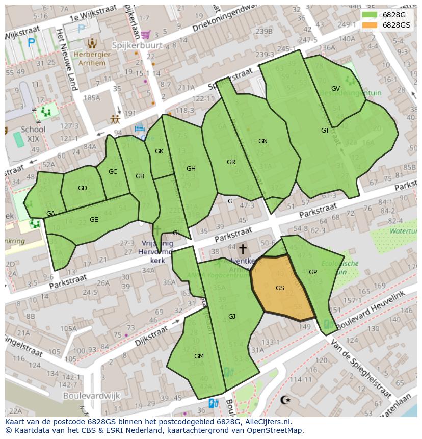 Afbeelding van het postcodegebied 6828 GS op de kaart.