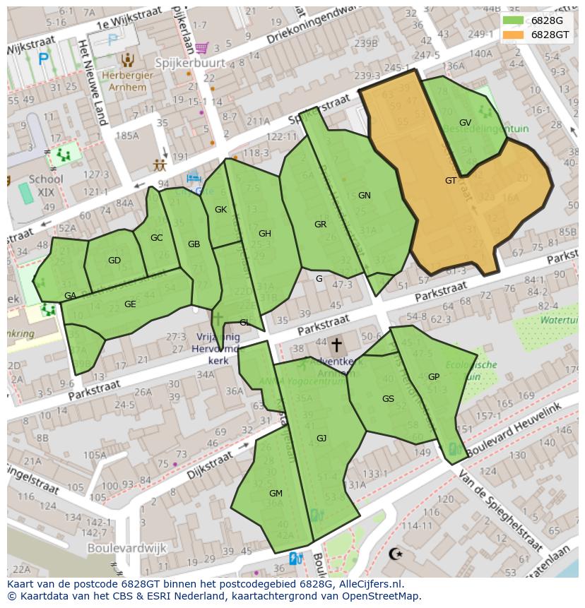 Afbeelding van het postcodegebied 6828 GT op de kaart.