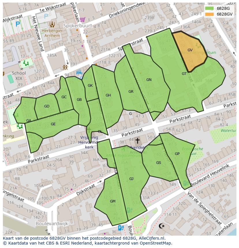 Afbeelding van het postcodegebied 6828 GV op de kaart.