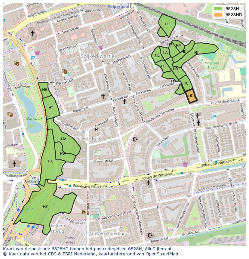 Afbeelding van het postcodegebied 6828 HD op de kaart.