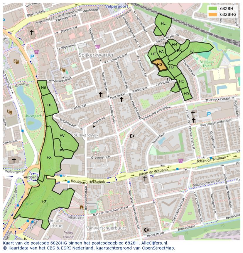 Afbeelding van het postcodegebied 6828 HG op de kaart.