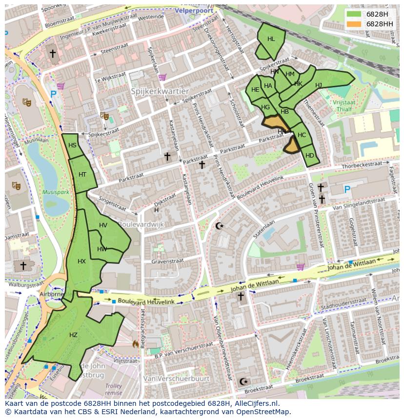 Afbeelding van het postcodegebied 6828 HH op de kaart.