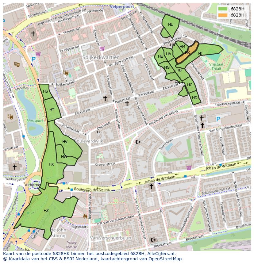 Afbeelding van het postcodegebied 6828 HK op de kaart.
