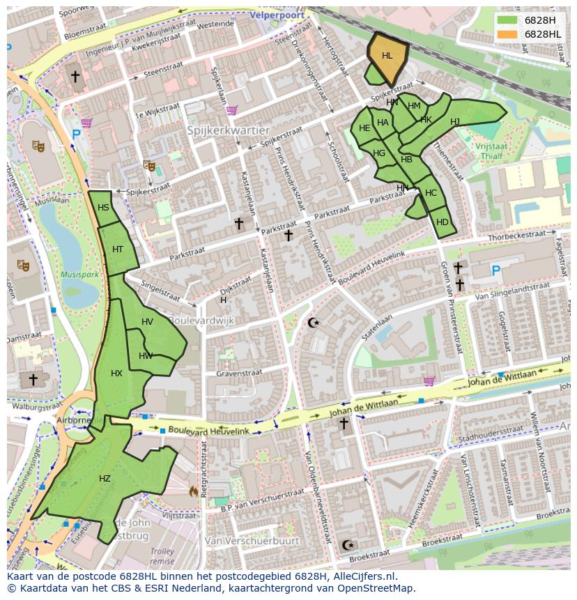 Afbeelding van het postcodegebied 6828 HL op de kaart.