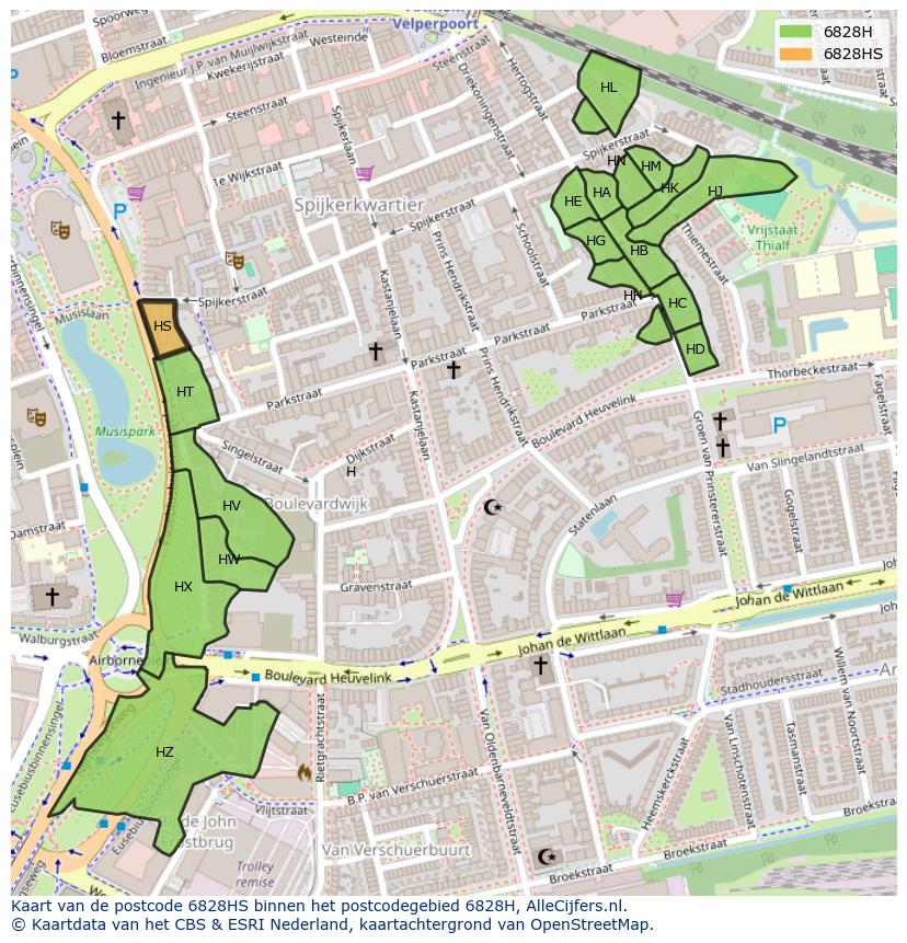 Afbeelding van het postcodegebied 6828 HS op de kaart.
