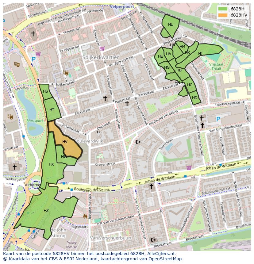 Afbeelding van het postcodegebied 6828 HV op de kaart.