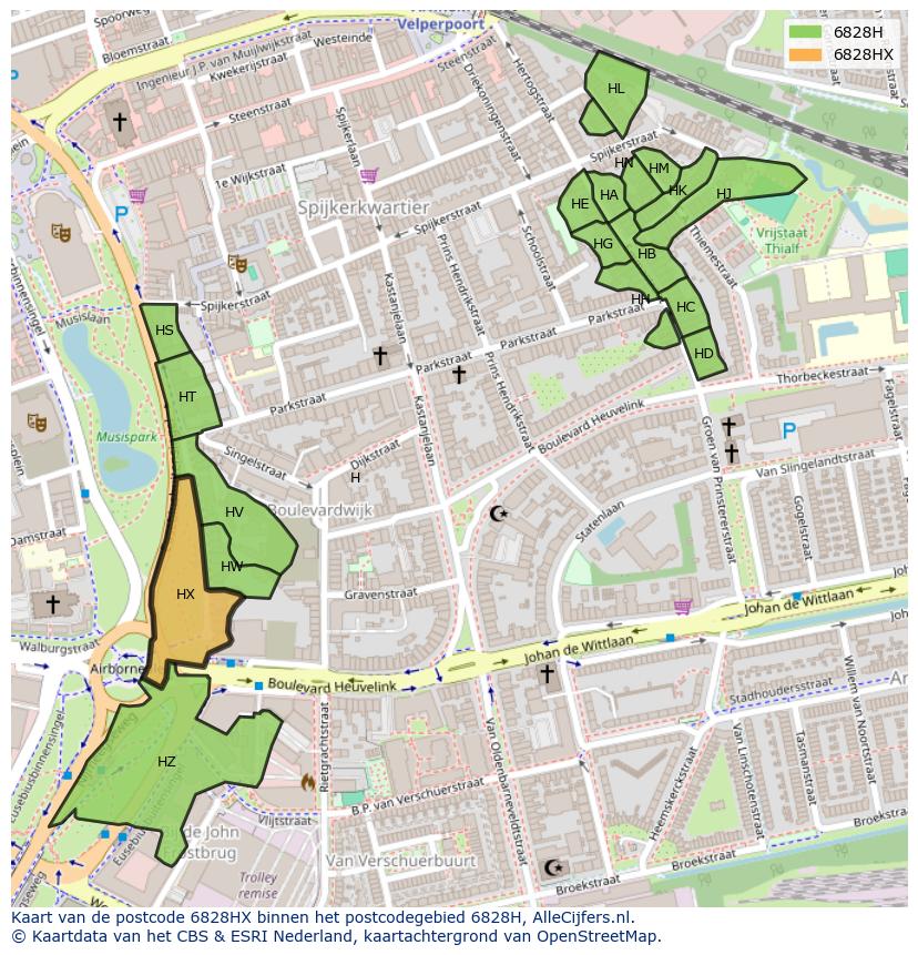 Afbeelding van het postcodegebied 6828 HX op de kaart.