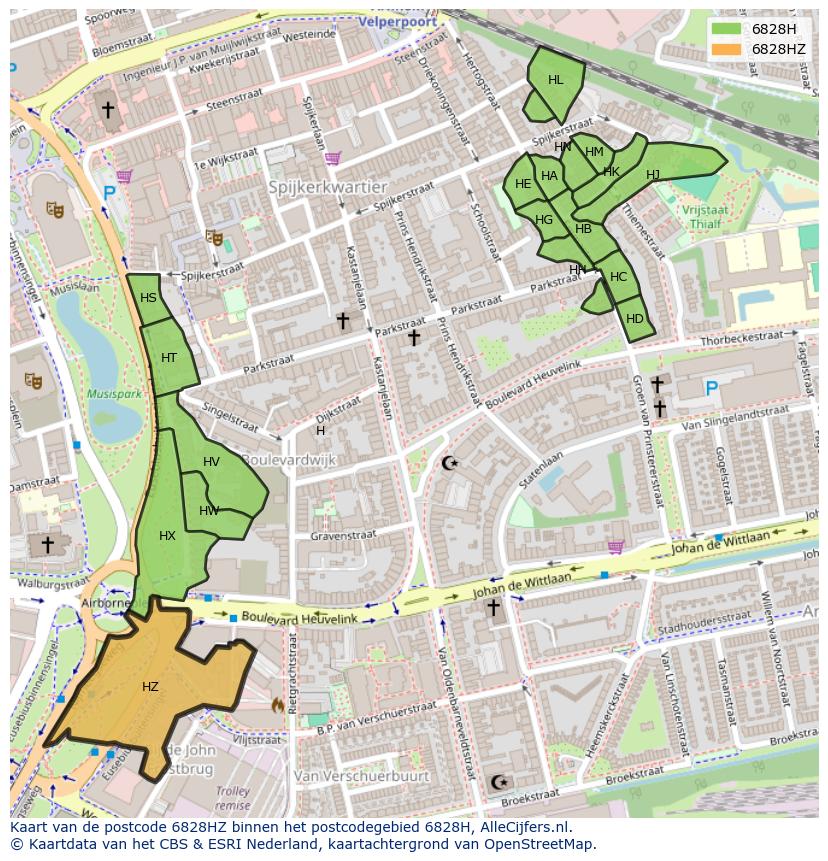 Afbeelding van het postcodegebied 6828 HZ op de kaart.