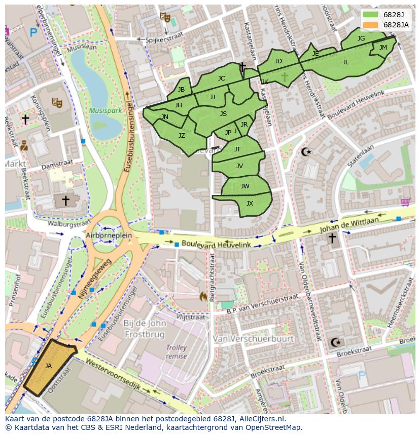Afbeelding van het postcodegebied 6828 JA op de kaart.