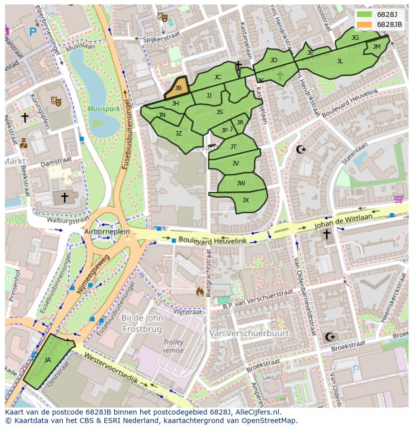 Afbeelding van het postcodegebied 6828 JB op de kaart.