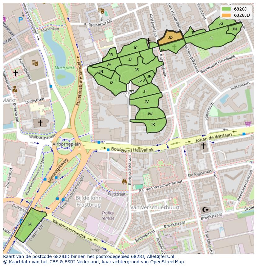 Afbeelding van het postcodegebied 6828 JD op de kaart.