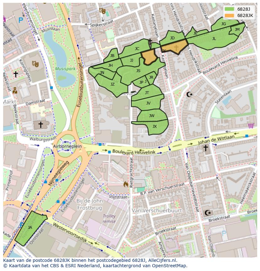 Afbeelding van het postcodegebied 6828 JK op de kaart.