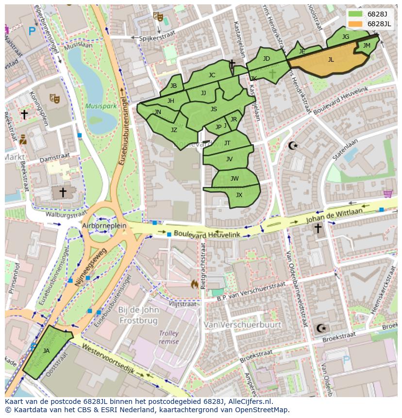 Afbeelding van het postcodegebied 6828 JL op de kaart.