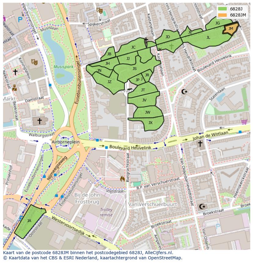 Afbeelding van het postcodegebied 6828 JM op de kaart.