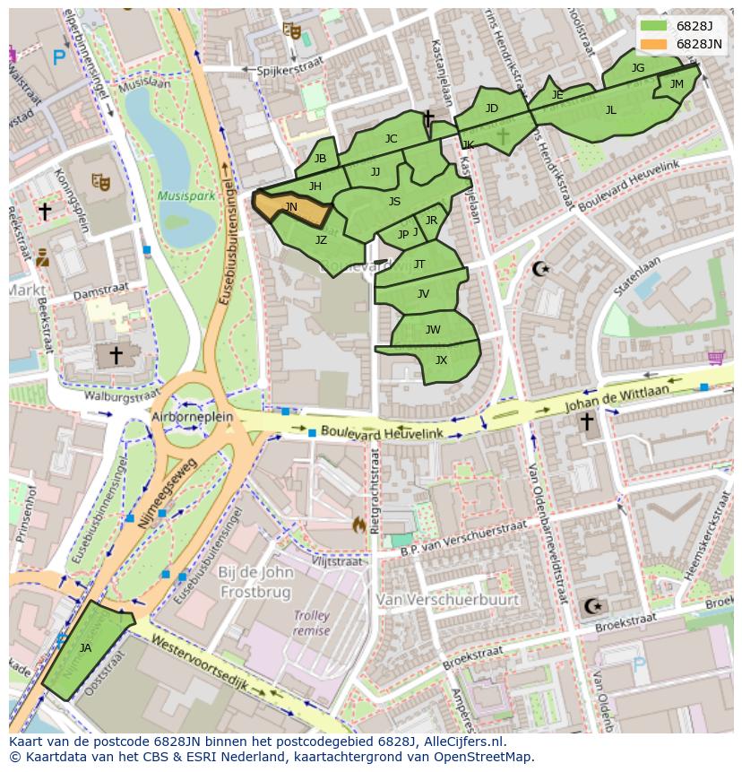 Afbeelding van het postcodegebied 6828 JN op de kaart.