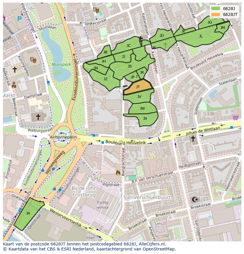 Afbeelding van het postcodegebied 6828 JT op de kaart.