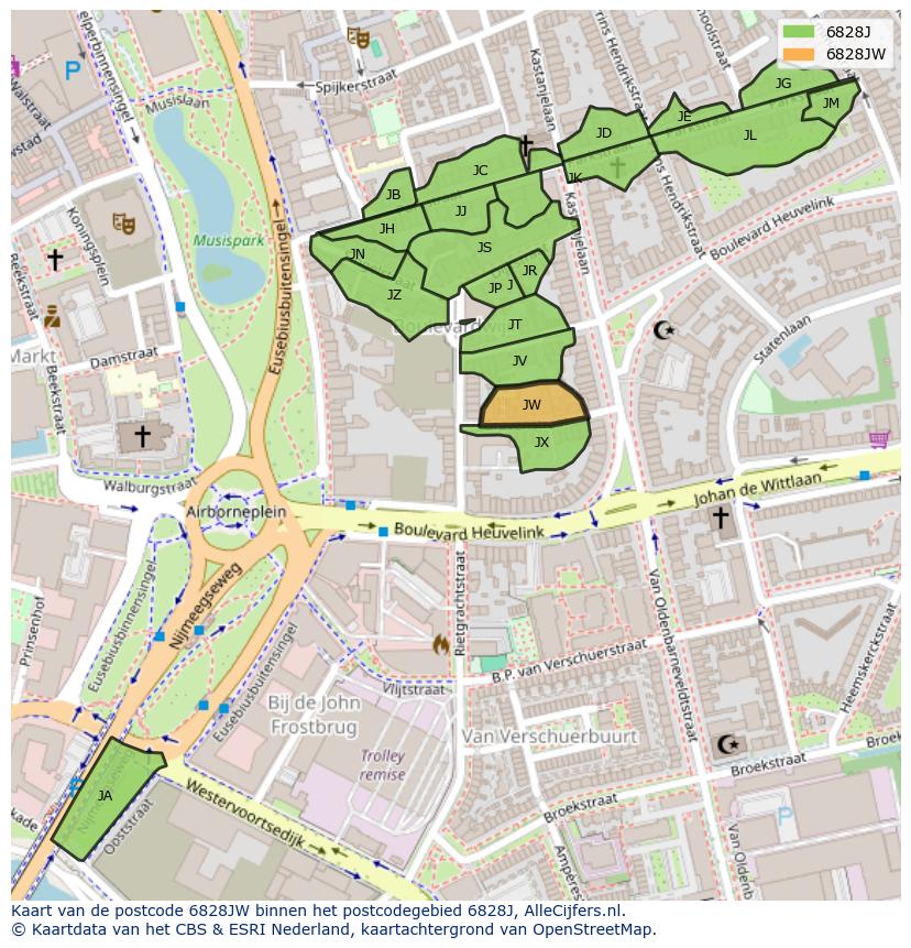 Afbeelding van het postcodegebied 6828 JW op de kaart.
