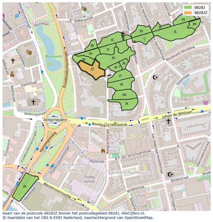 Afbeelding van het postcodegebied 6828 JZ op de kaart.