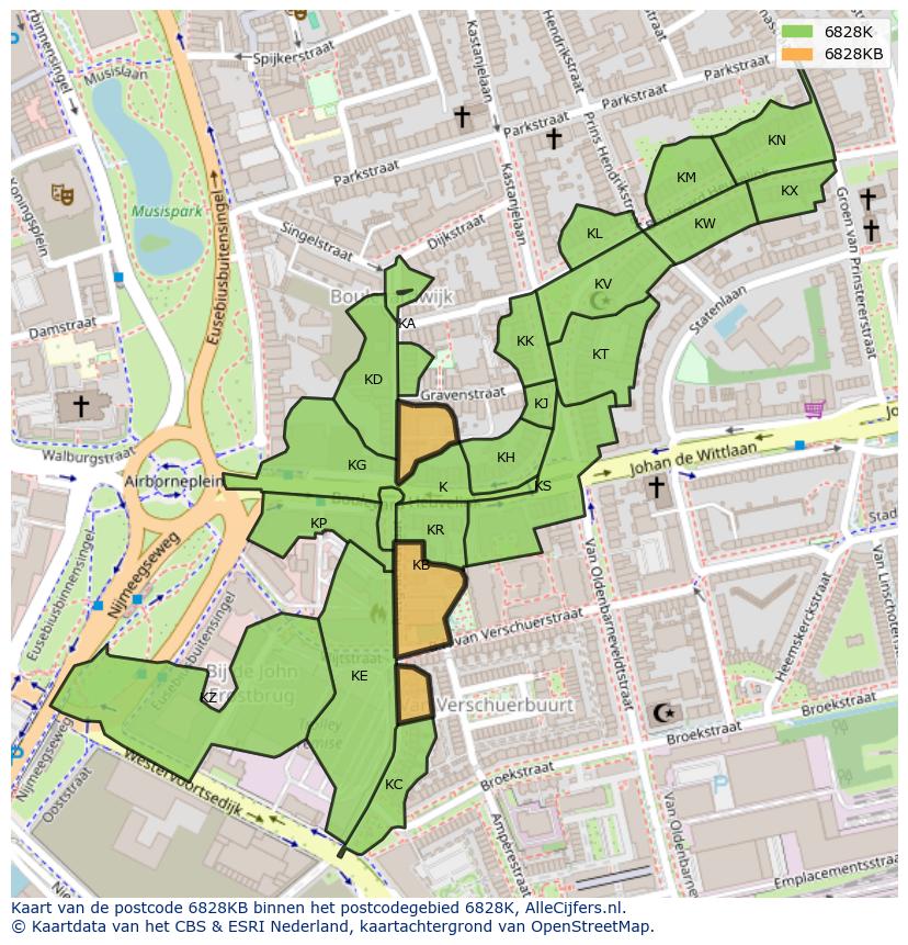 Afbeelding van het postcodegebied 6828 KB op de kaart.