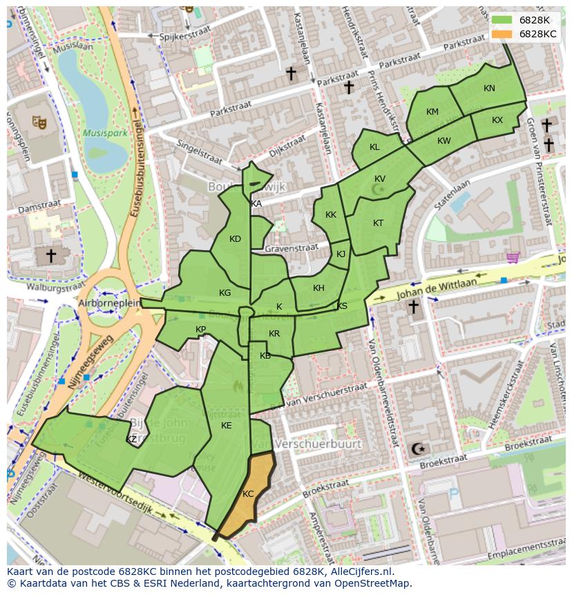 Afbeelding van het postcodegebied 6828 KC op de kaart.