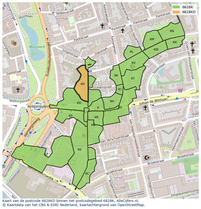 Afbeelding van het postcodegebied 6828 KD op de kaart.